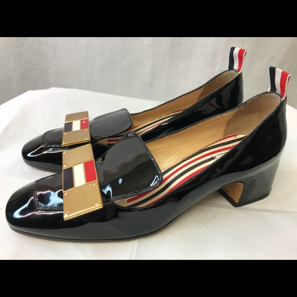Thom Browne Black Soft Patent Leather 4-bar Plaque Block Heel Loafers Size 39